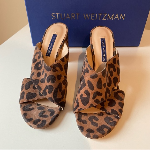 NEW Stuart Weitzman Galene Slide Sandals Brown Leopard Suede